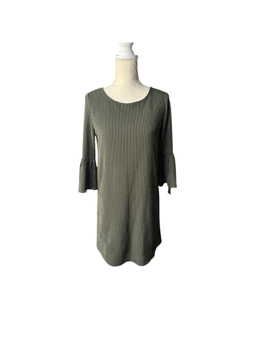 Women's Everly Green & White Striped Mini Dress with Bell Sleeves S
